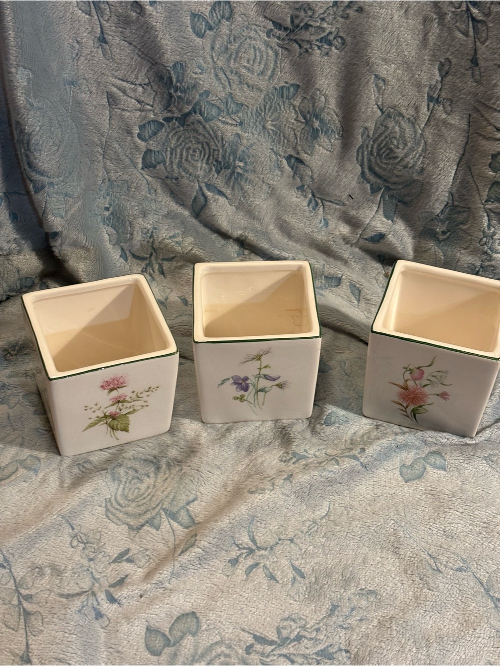 White Porcelain Square Vase Set with Green Trim and Floral Motifs